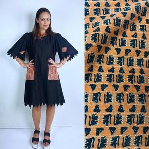 vintage 50s BATS & Cats HALLOWEEN DRESS Large/xl costume pockets cotton frock